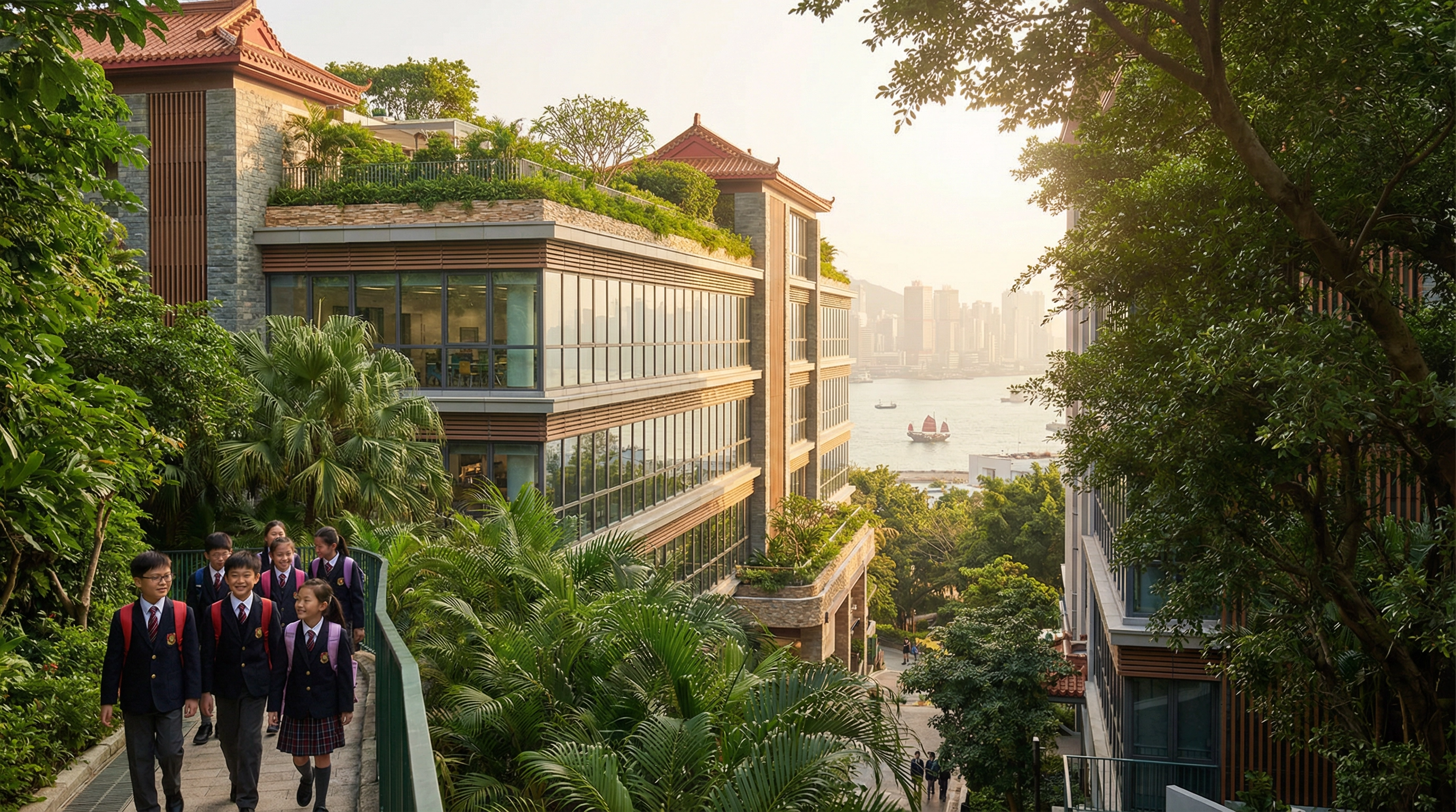Affordable international school campus in Hong Kong with Victoria Harbour and city skyline in the background