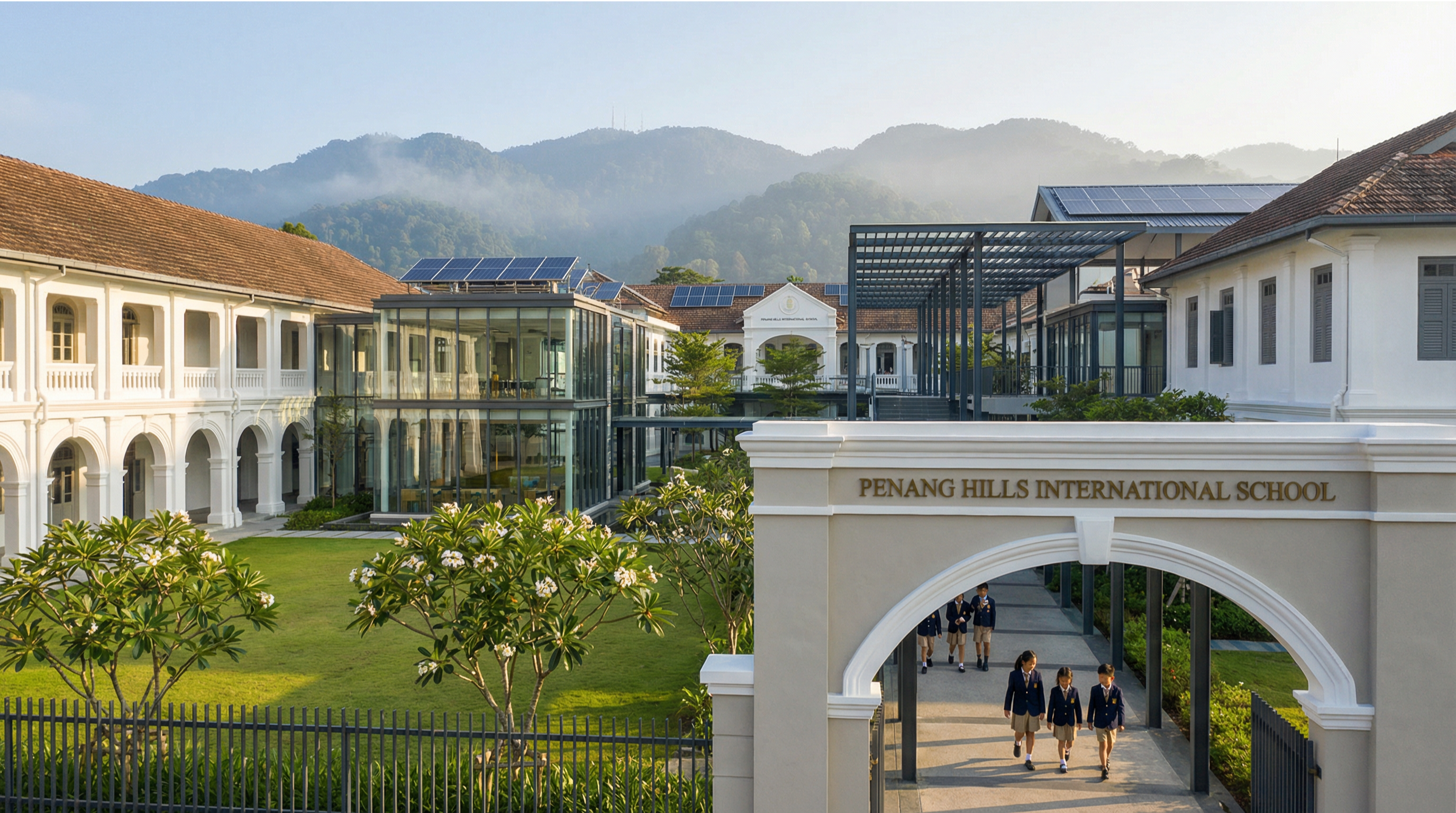 Affordable international school campus in Penang with colonial architecture and Penang Hill backdrop