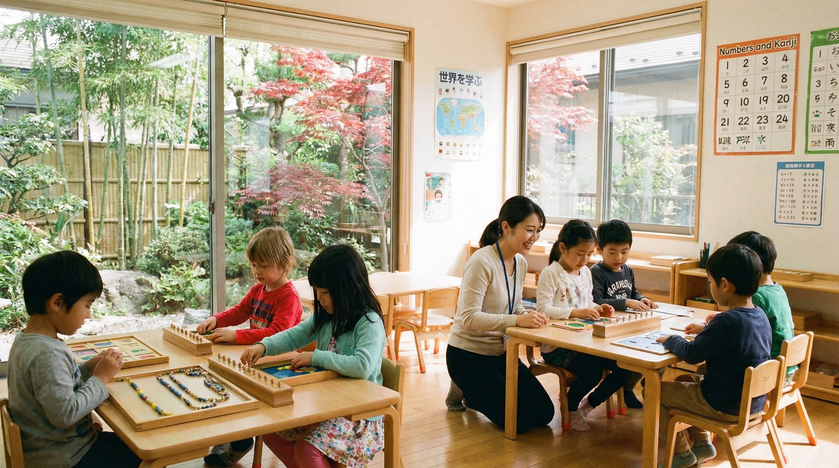 Diverse children in a Montessori international school classroom in Japan with a Japanese garden visible through the window