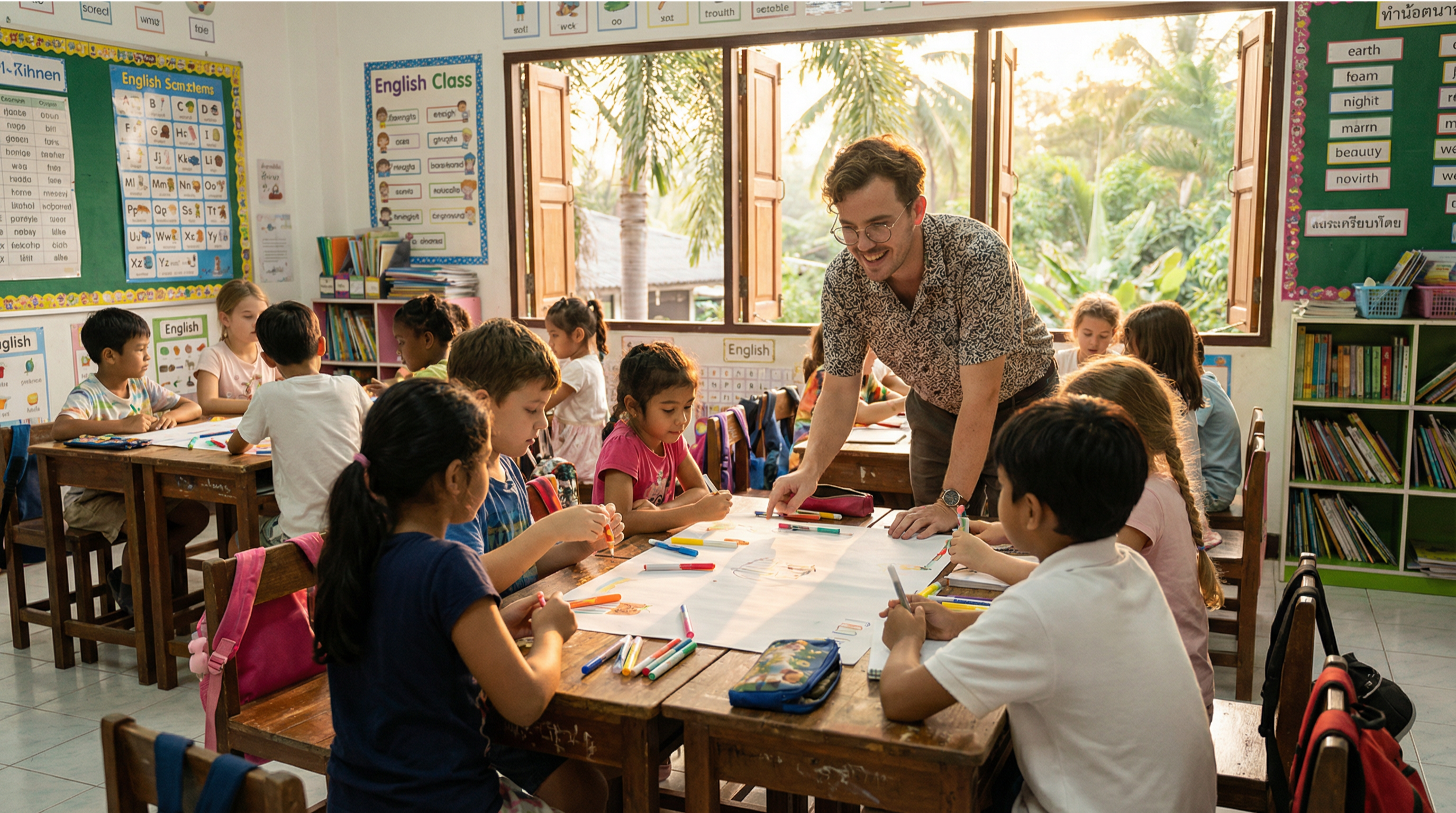 Diverse children in an international school classroom in Chiang Mai doing a creative project with a teacher