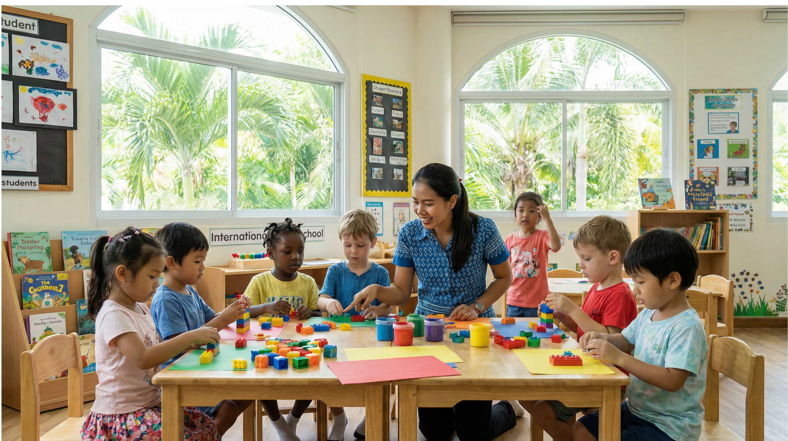 Diverse children in an international school classroom in Phuket doing hands-on learning activities with a teacher