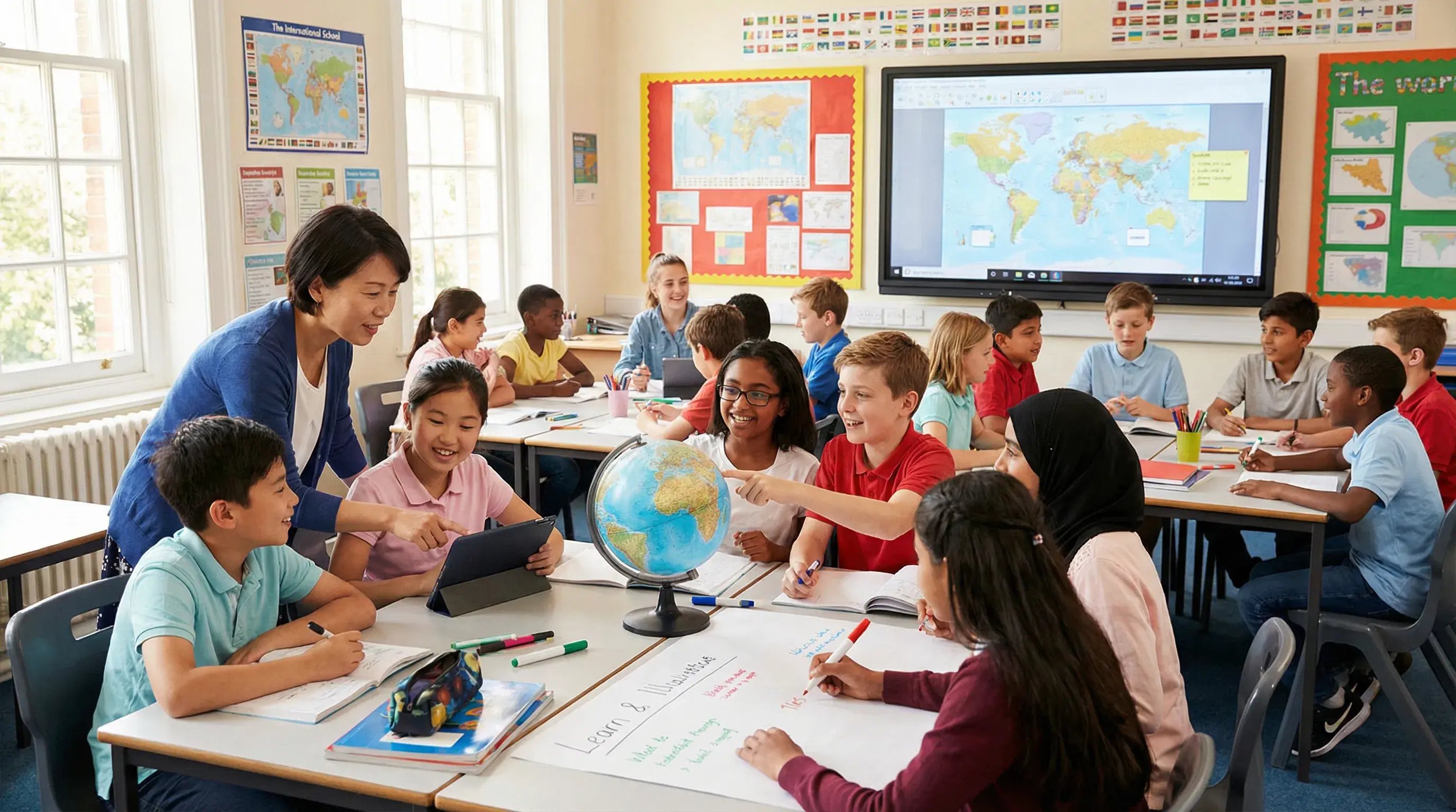 Diverse international school classroom with multicultural students collaborating on group project