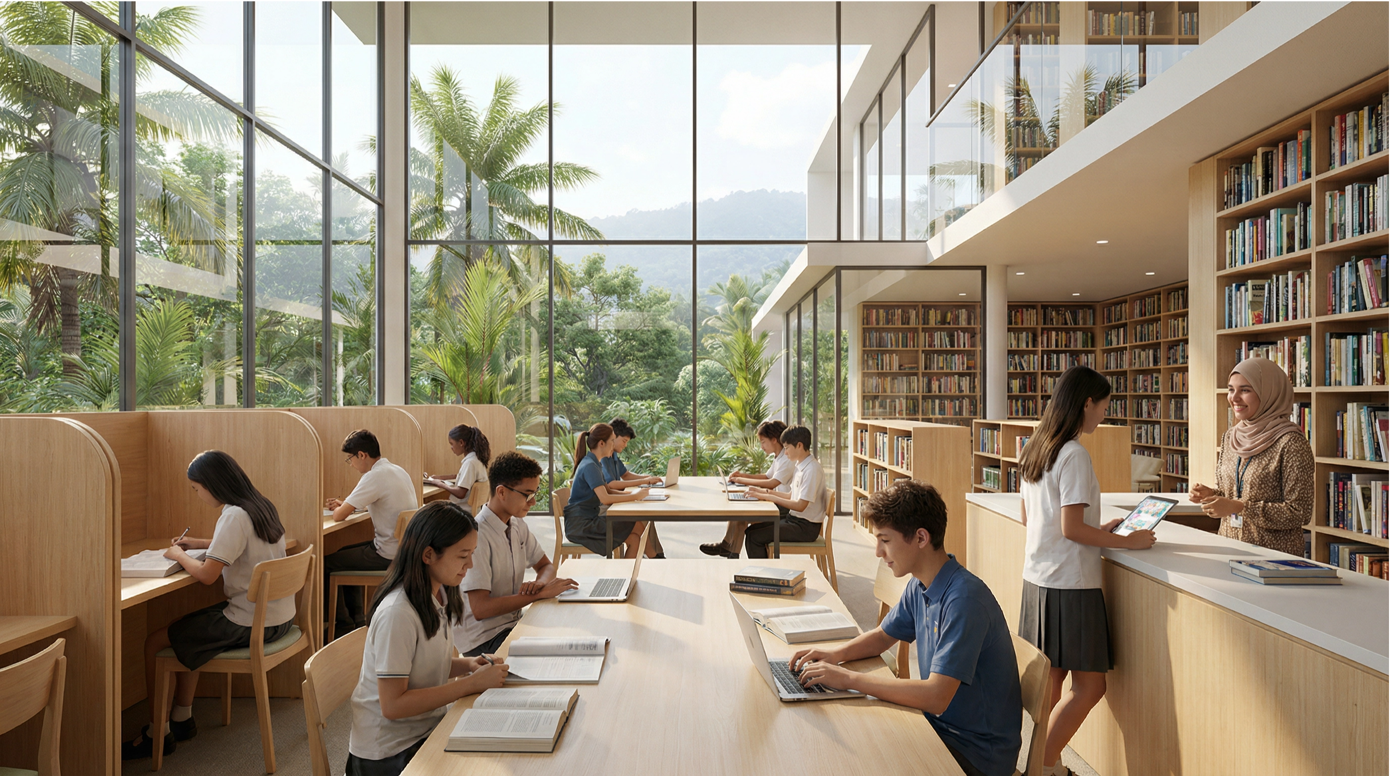 Diverse secondary students studying in a modern international school library in Penang with tropical garden views