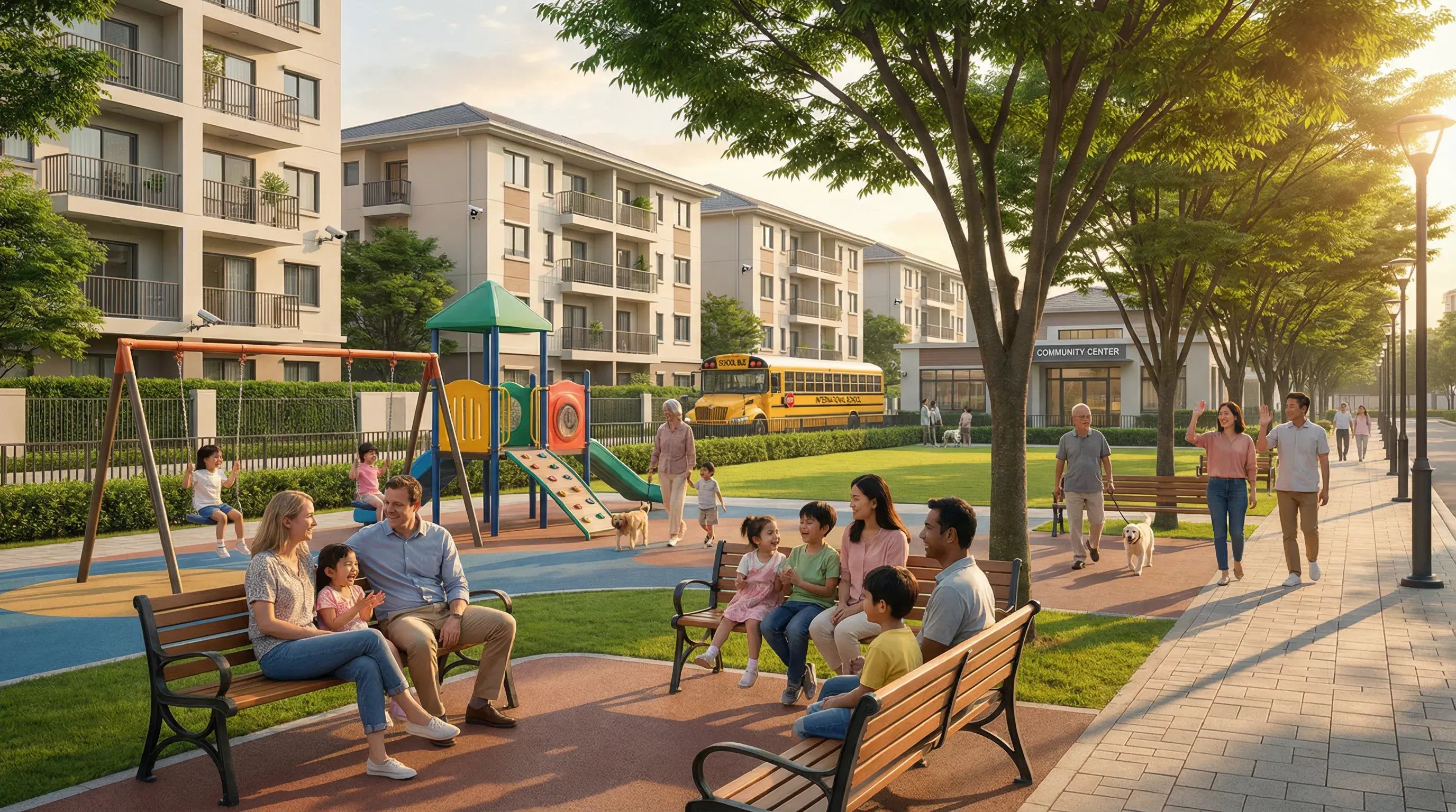 Expat families enjoying safe neighborhood park with children playing and international school bus - f