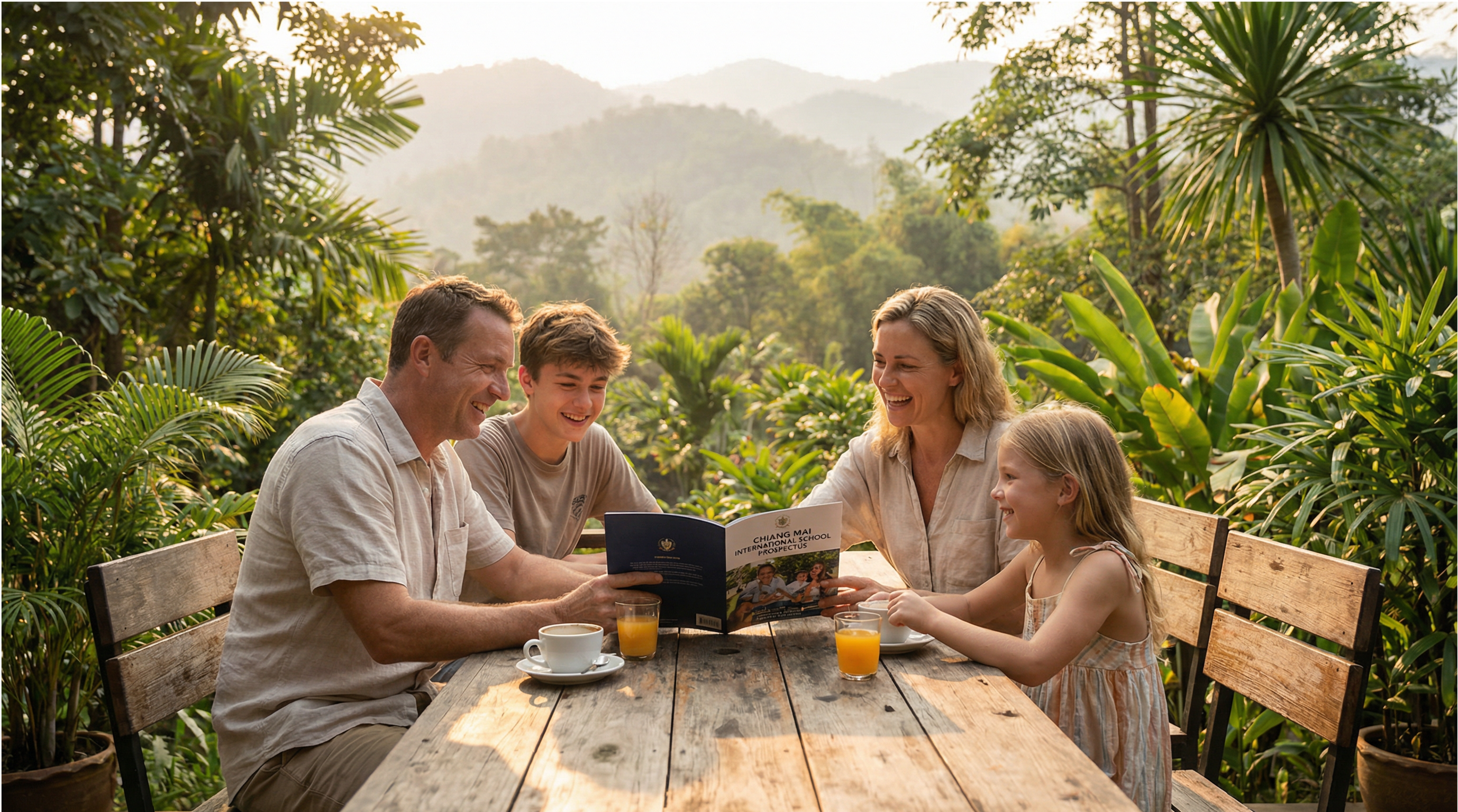 Expat family reviewing a Chiang Mai international school prospectus in a tropical garden with mountain views
