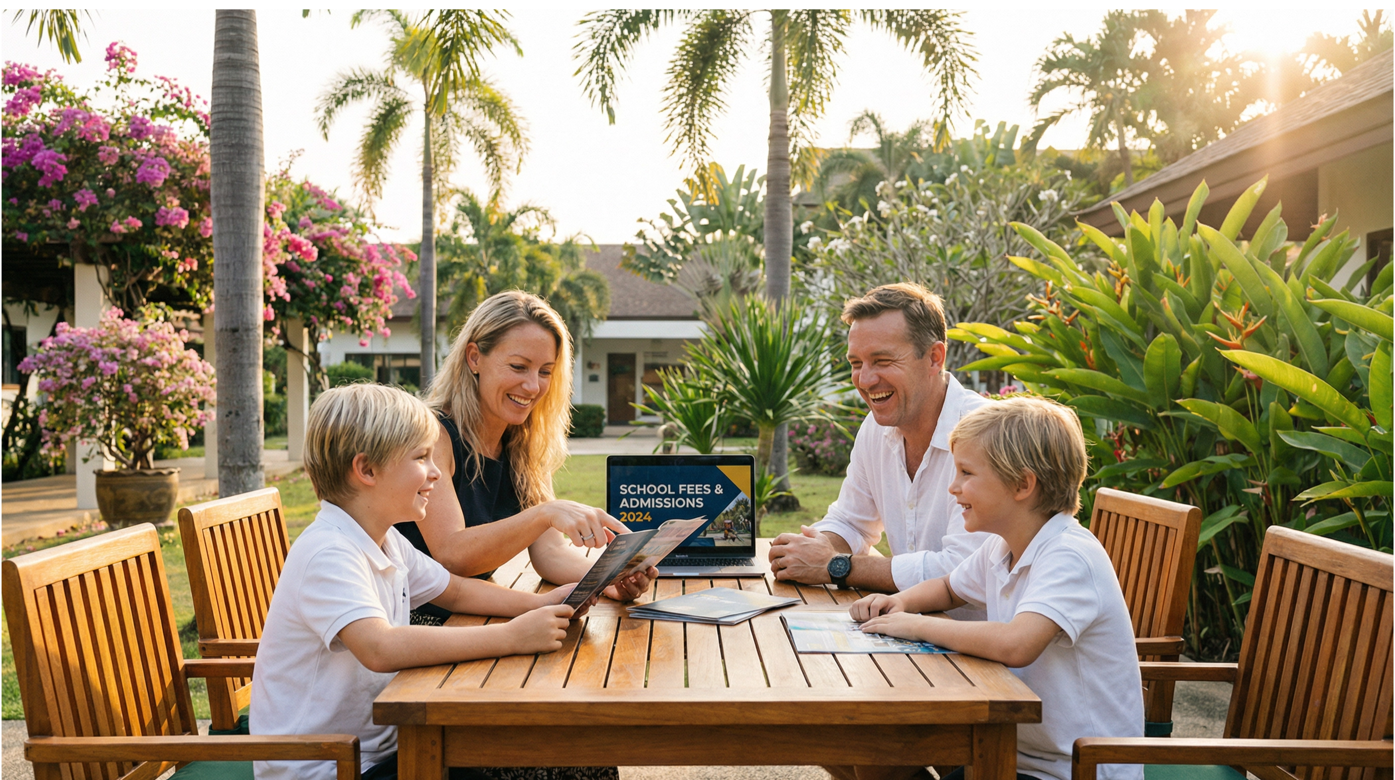 Expat family reviewing international school fees and admissions information in a tropical Phuket garden setting