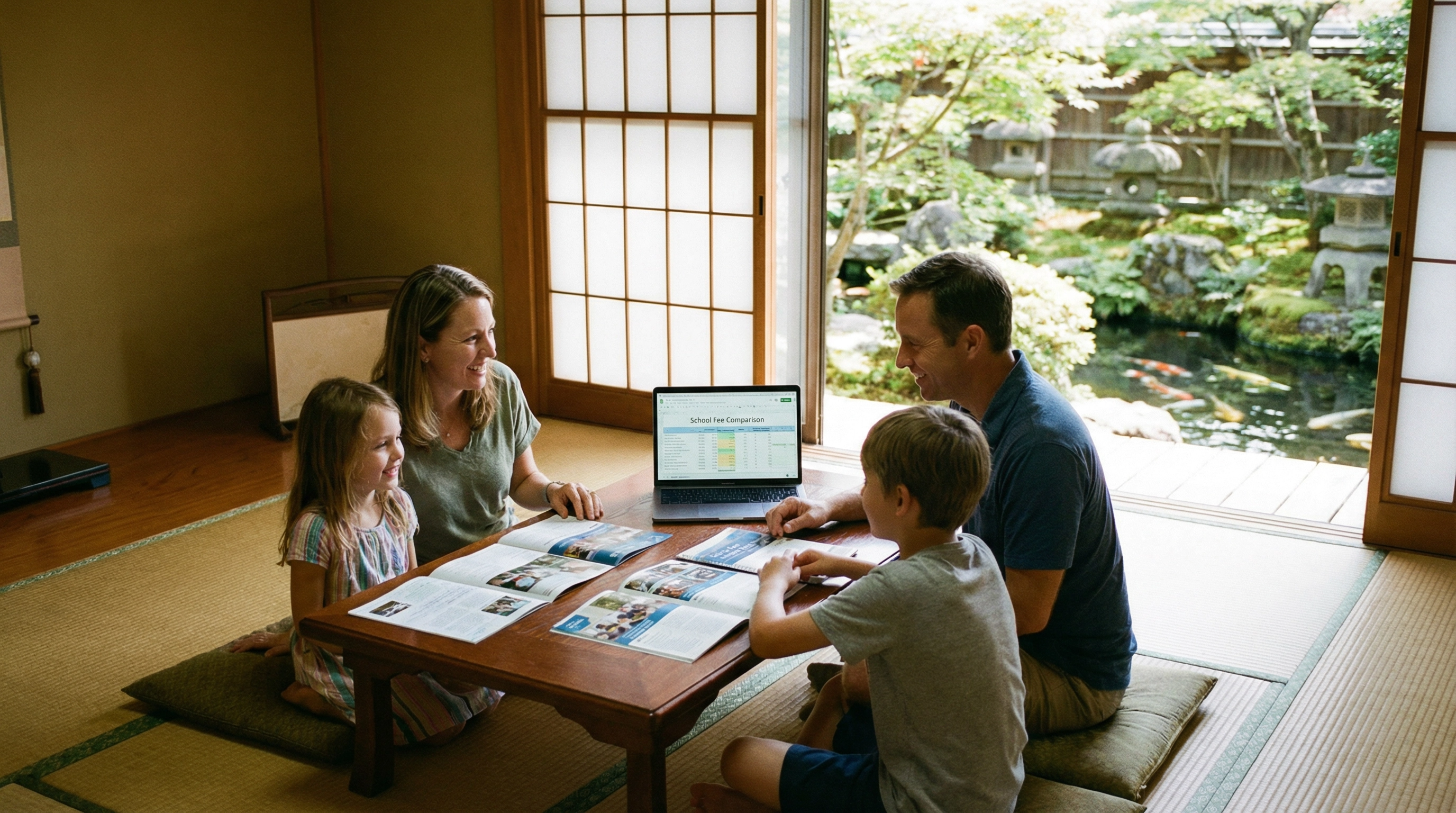 Expat family reviewing international school fees and brochures in a traditional Japanese tatami room with a koi garden view