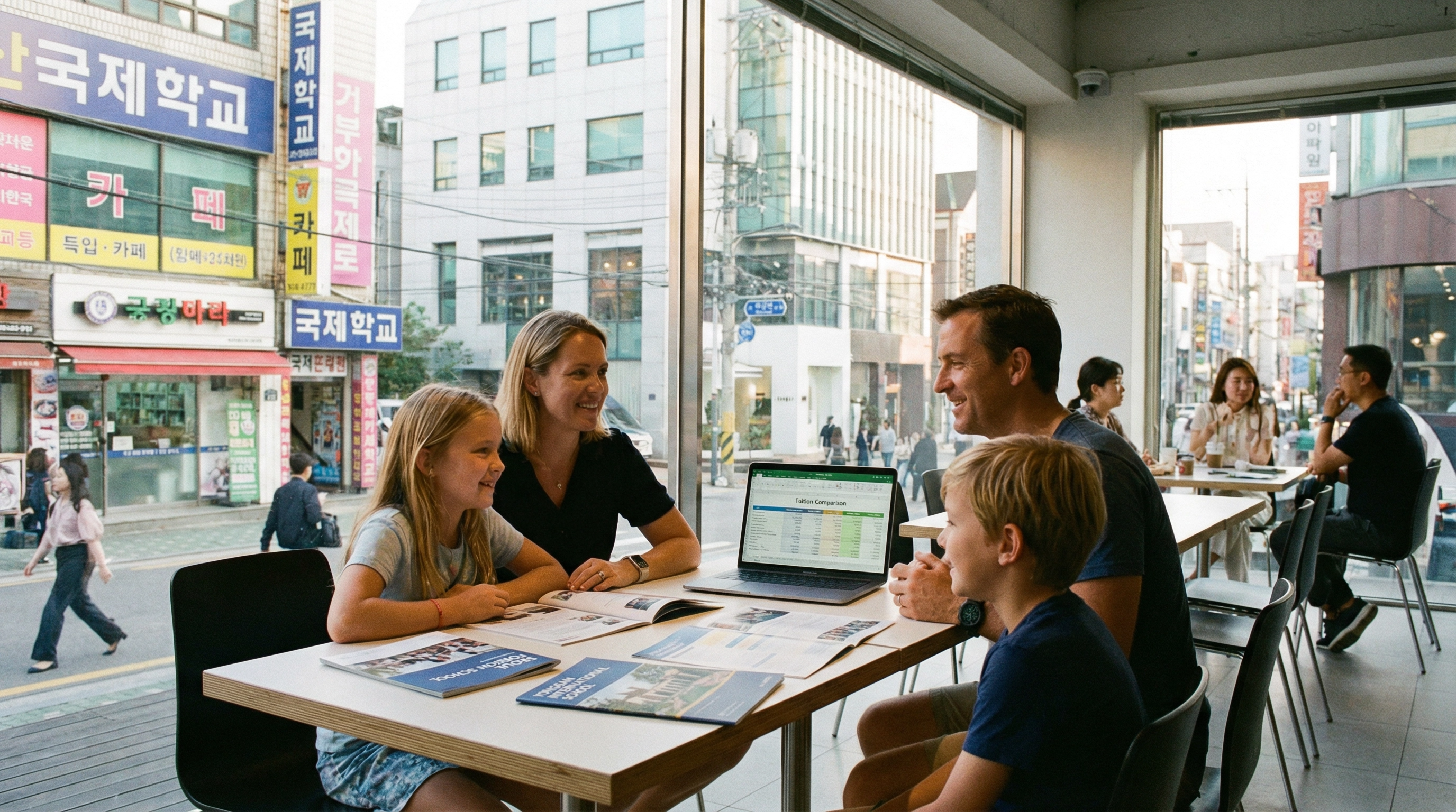 Expat family reviewing international school fees at a modern cafe in Seoul with Korean street signage