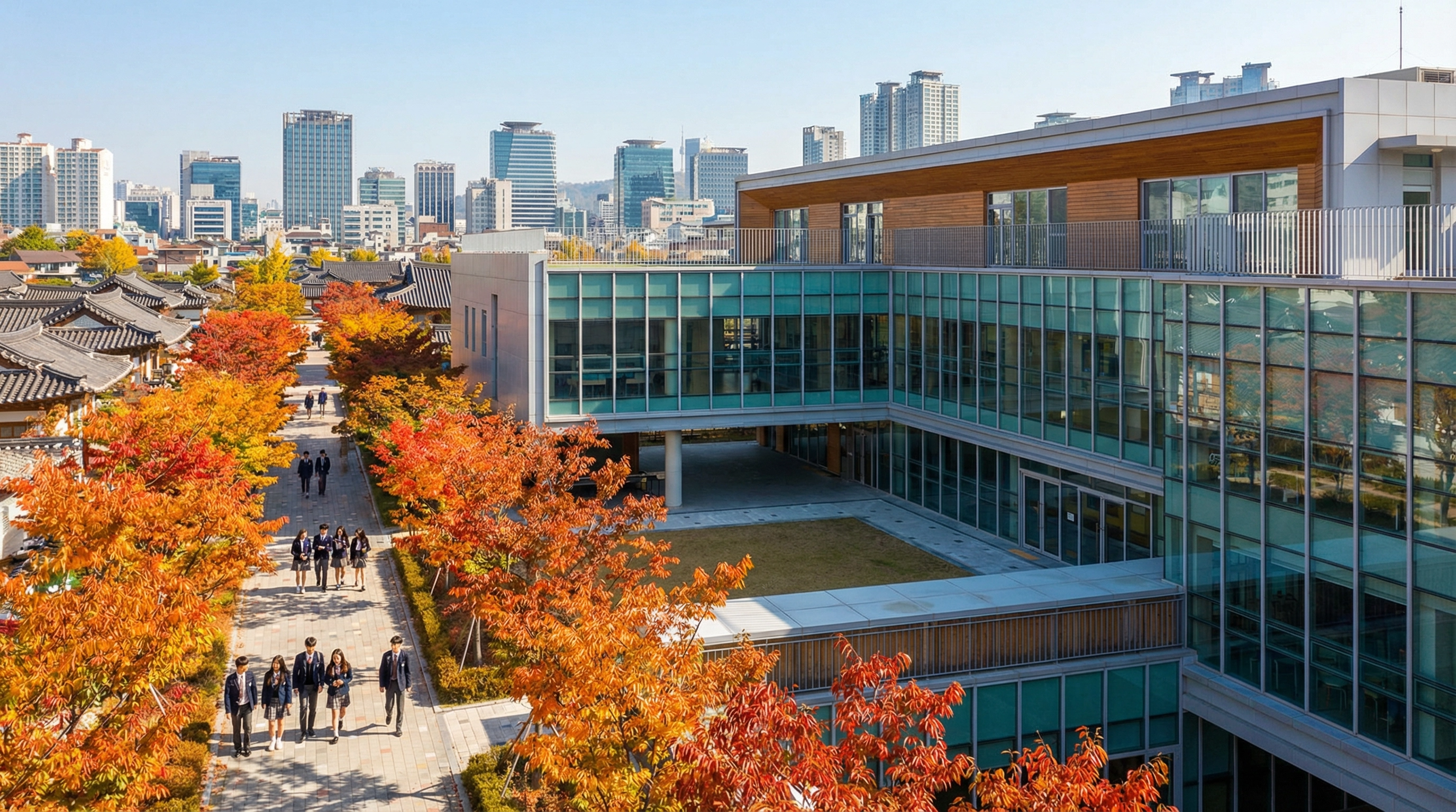 International school campus in Seoul with autumn foliage and city skyline backdrop