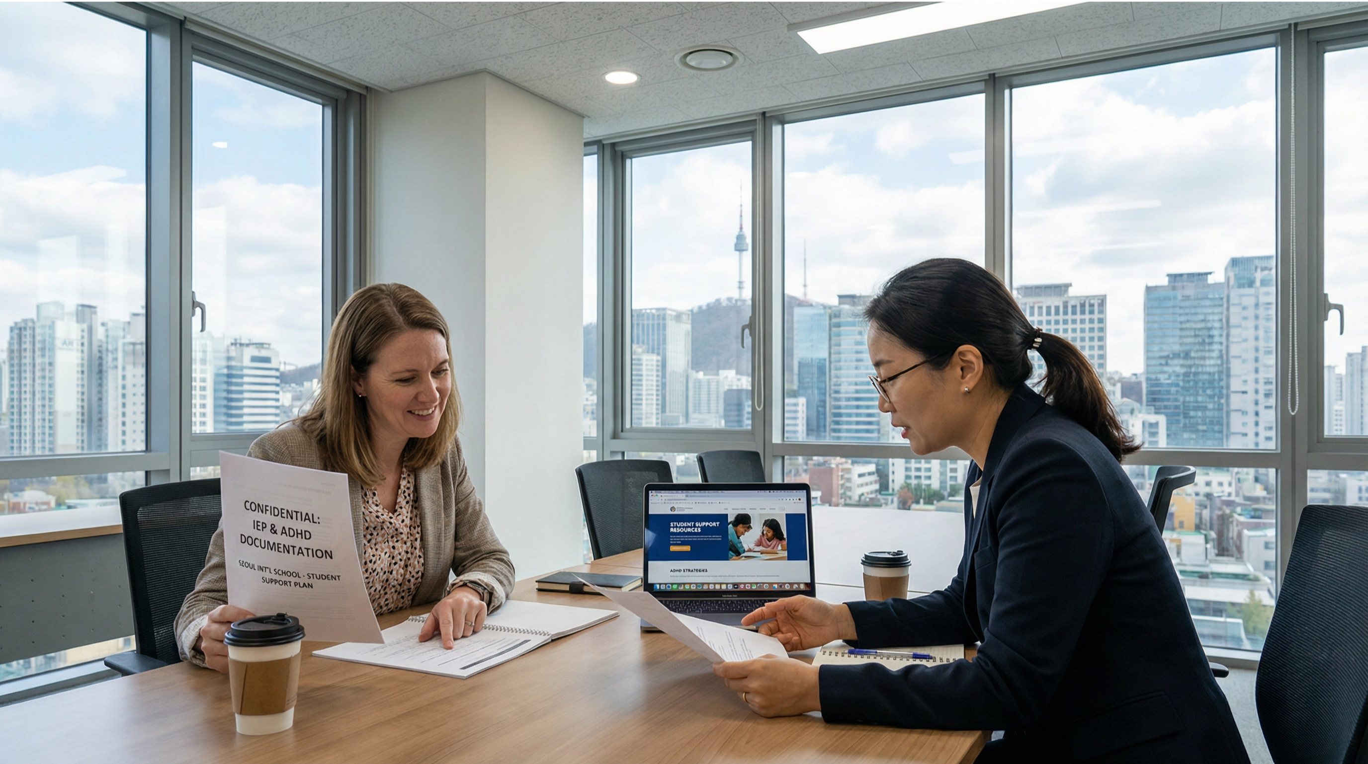 Parent-teacher meeting reviewing ADHD documentation in Seoul school