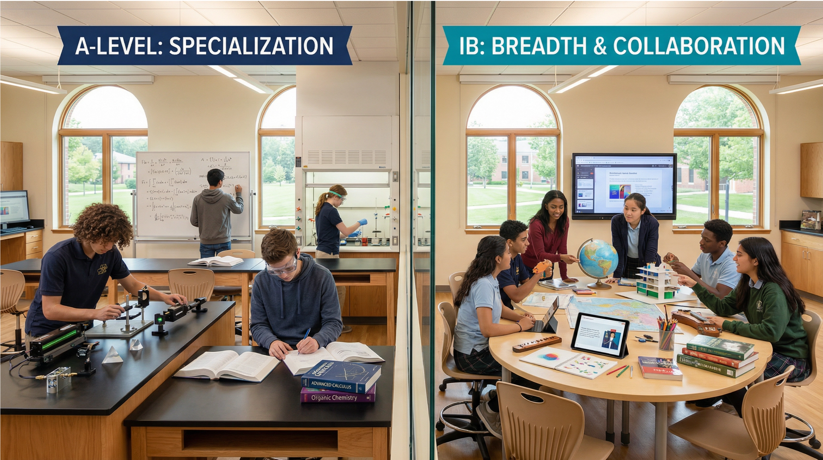 Split comparison showing diverse international school students aged 16-18: A-Level specialization with focused STEM study on left vs IB breadth with collaborative interdisciplinary learning on right - British curriculum vs International Baccalaureate