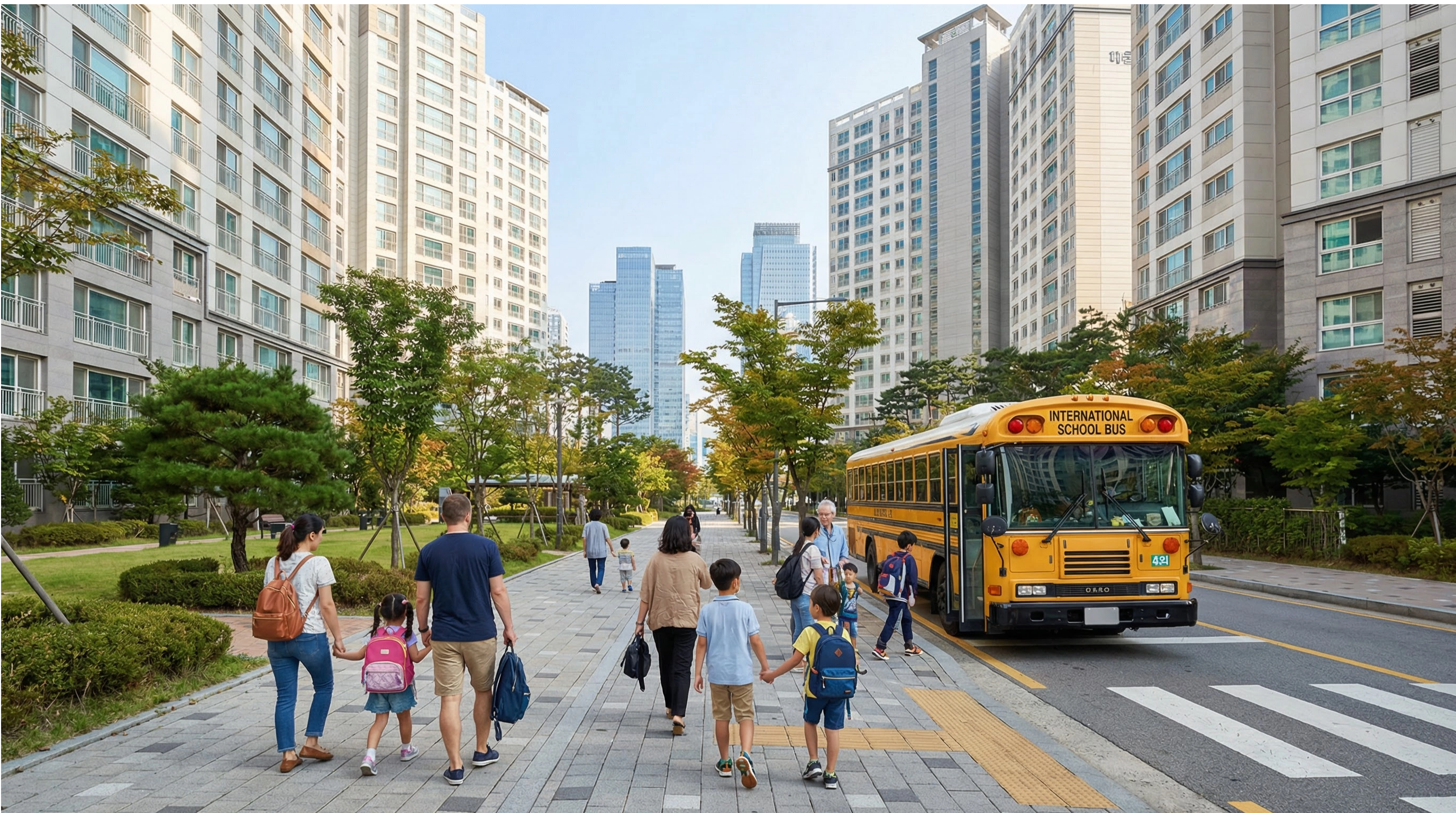 International school bus in Seoul Gangnam neighborhood with expat families walking to school - safe family-friendly community in Korea