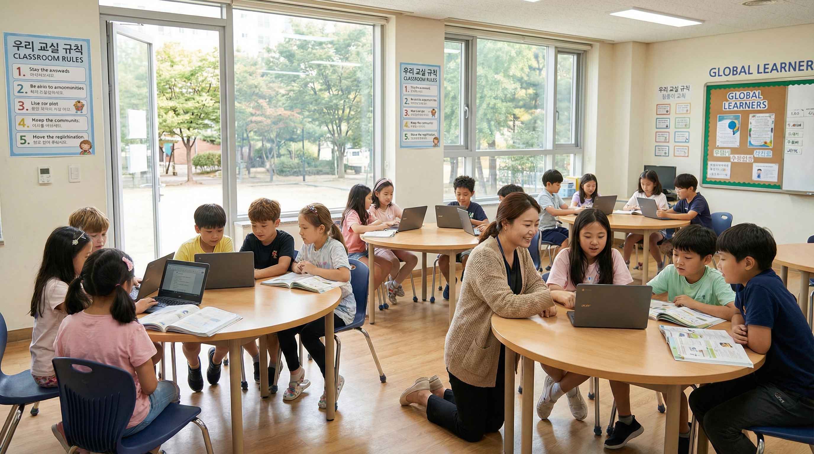 Diverse children in an international school classroom in South Korea working on laptops with a Korean teacher