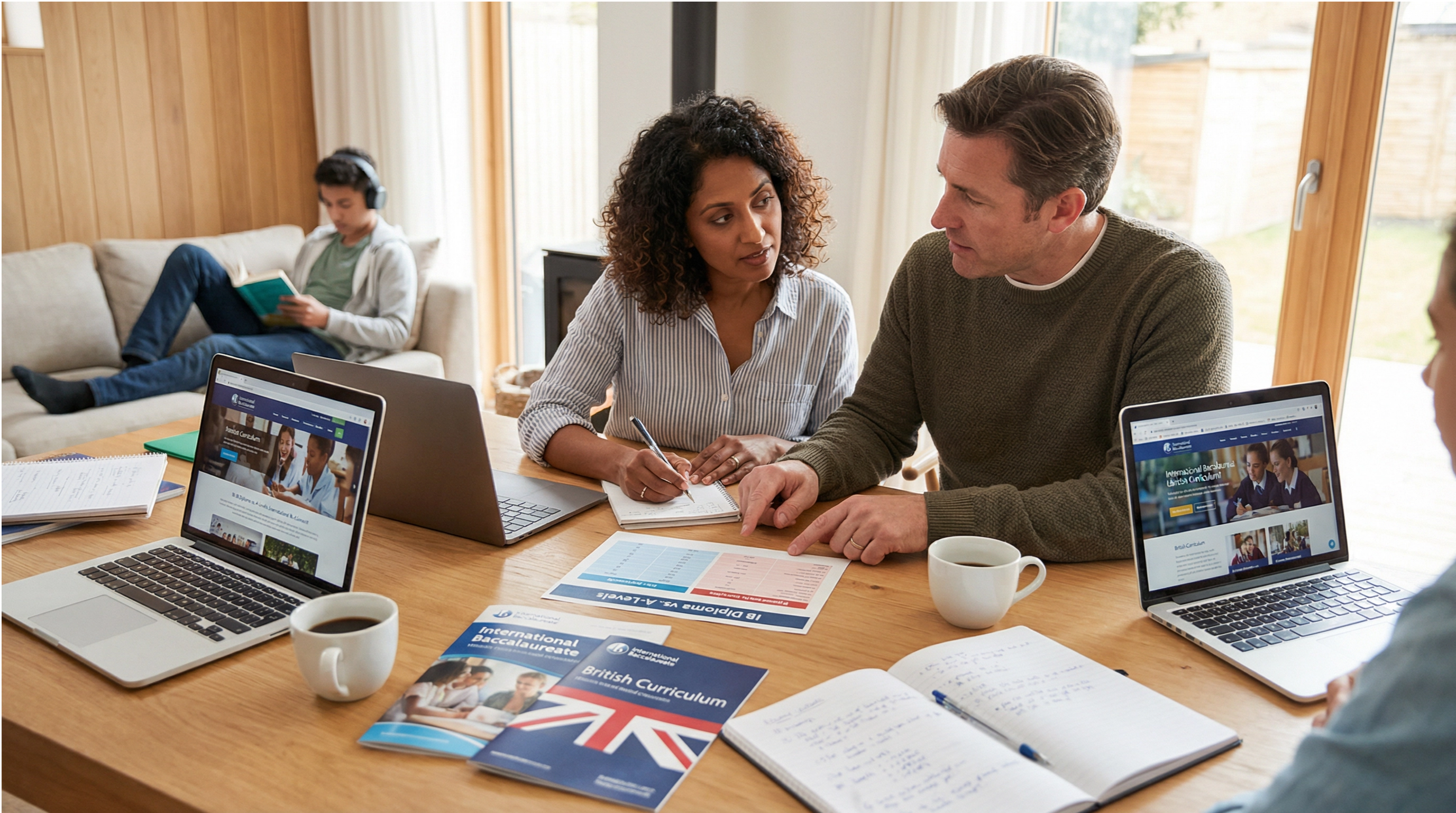 Expat parents reviewing IB and British curriculum comparison materials at home making international school decision with teenager in background